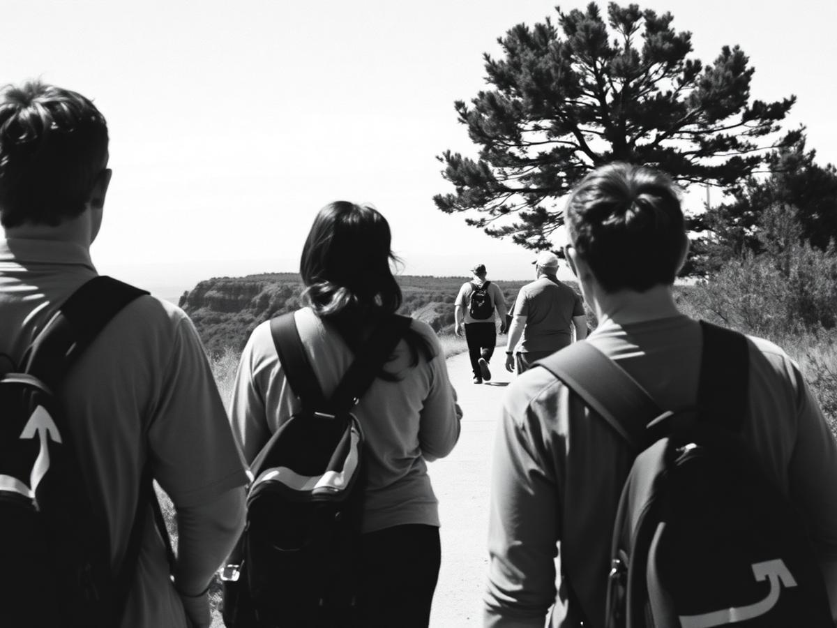 Visitors walking a marked trail toward a viewpoint